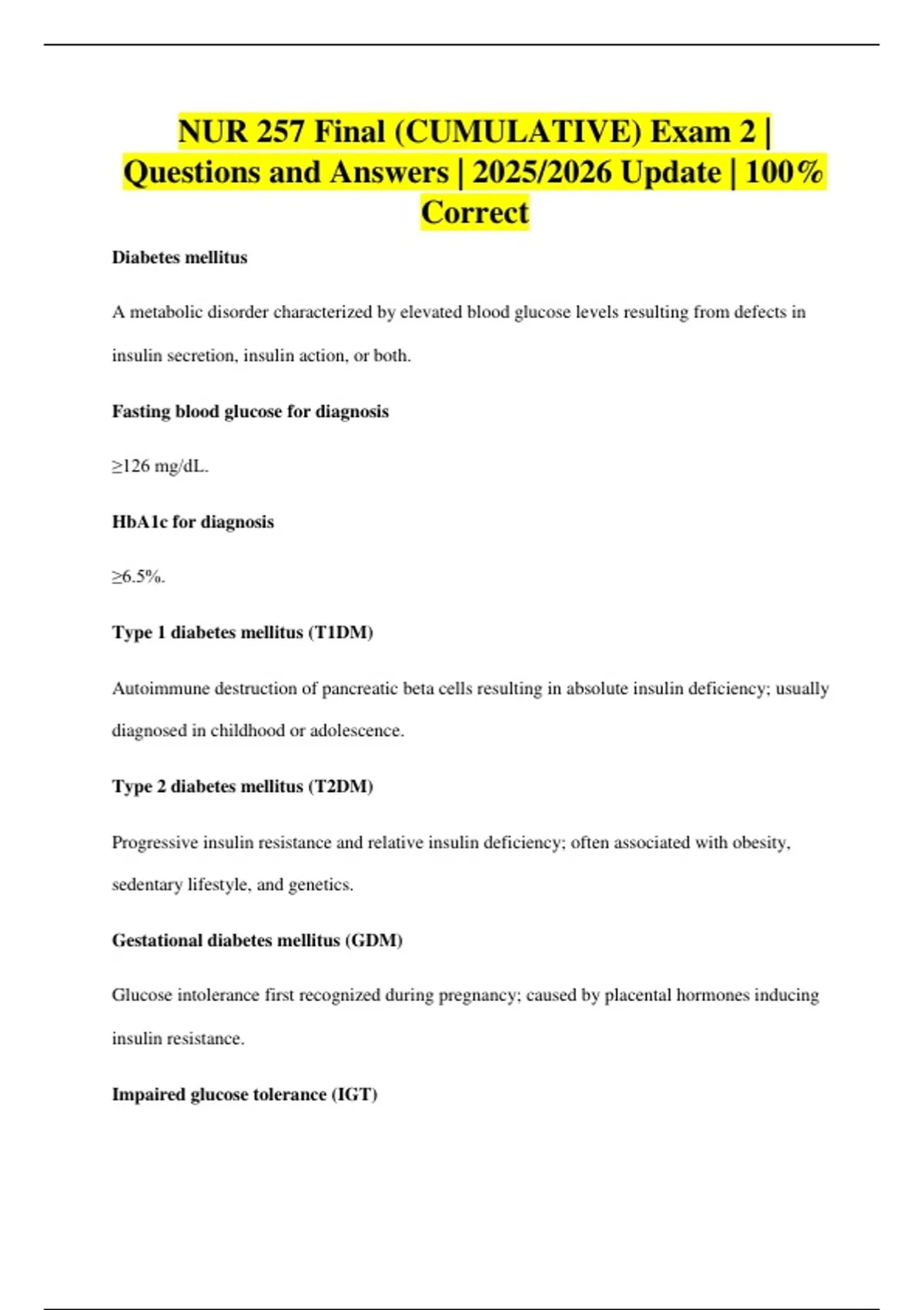 NUR 257 Final (CUMULATIVE) Exam 2 | Questions and Answers | 2025/2026 ...