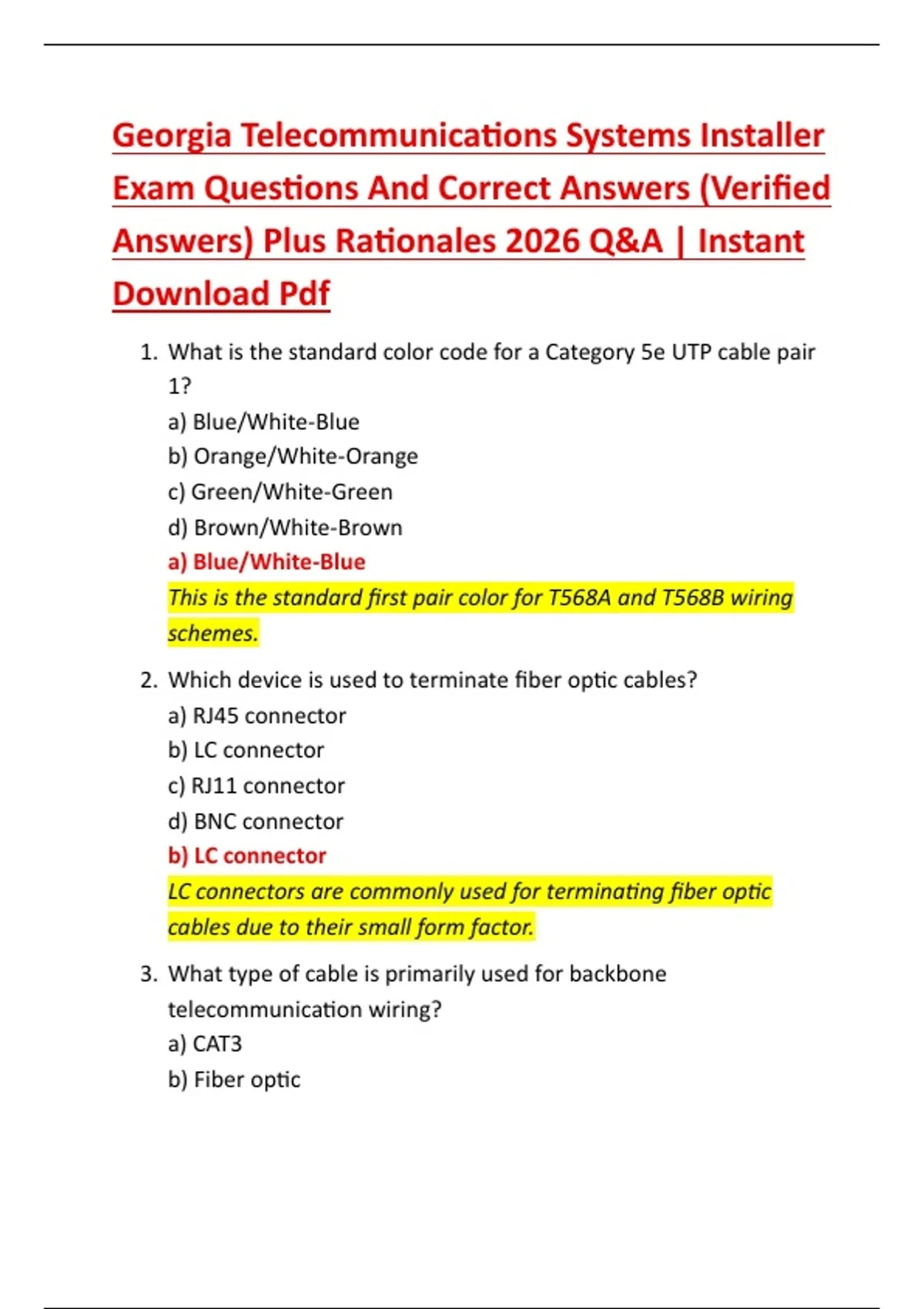 Telecoms Opm Test Examples Georgia Telecommunications Systems Installer Exam Questions And Correct ...