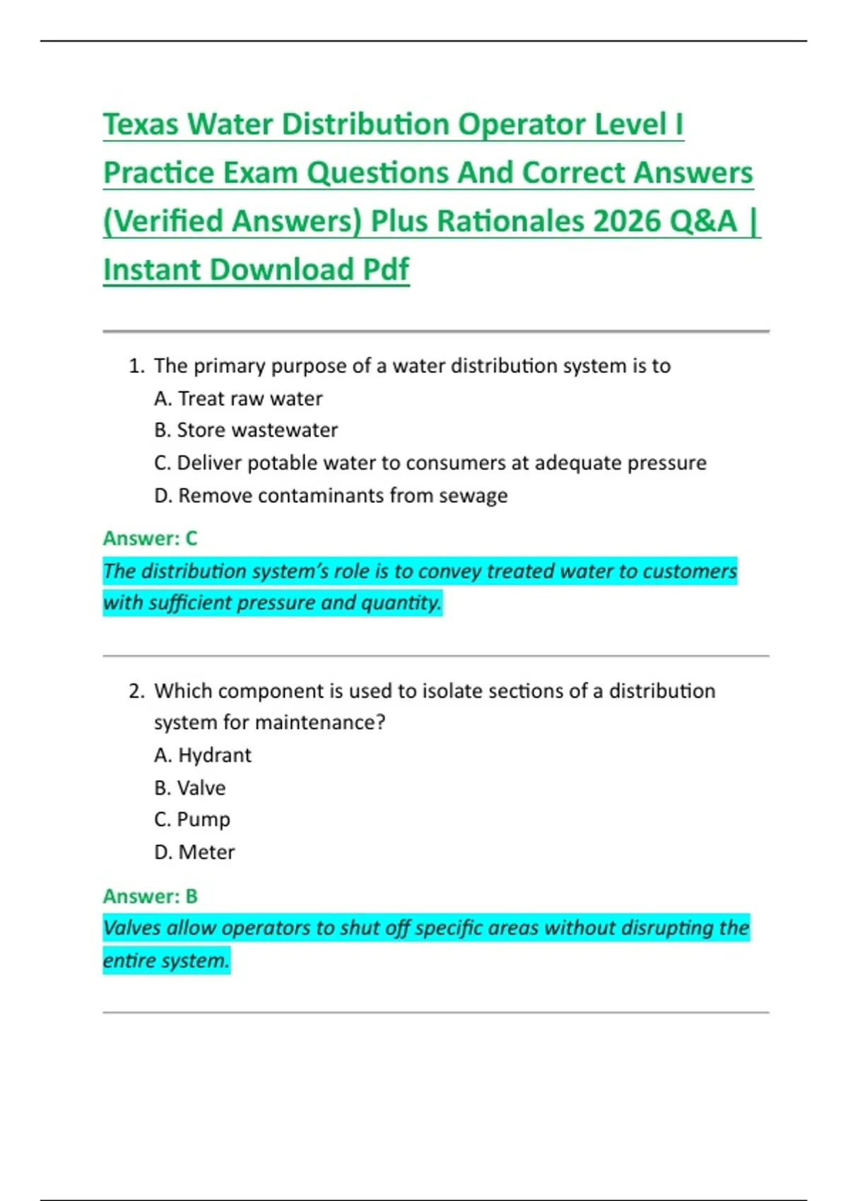 Texas Water Distribution Operator Level I Practice Exam Questions And ...