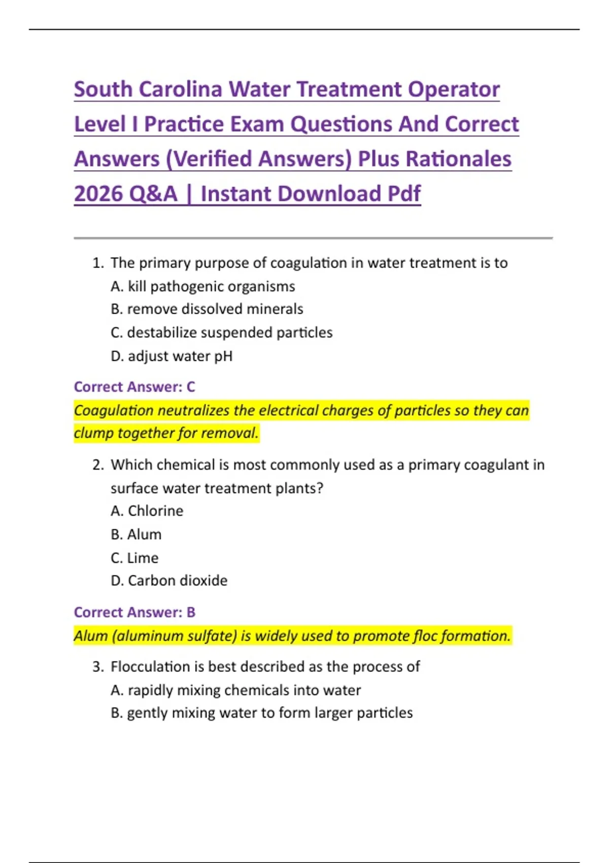 South Carolina Water Treatment Operator Level I Practice Exam Questions And Correct Answers ...
