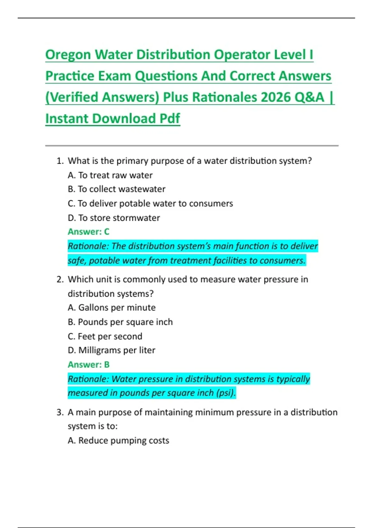 Oregon Water Distribution Operator Level I Practice Exam Questions And ...