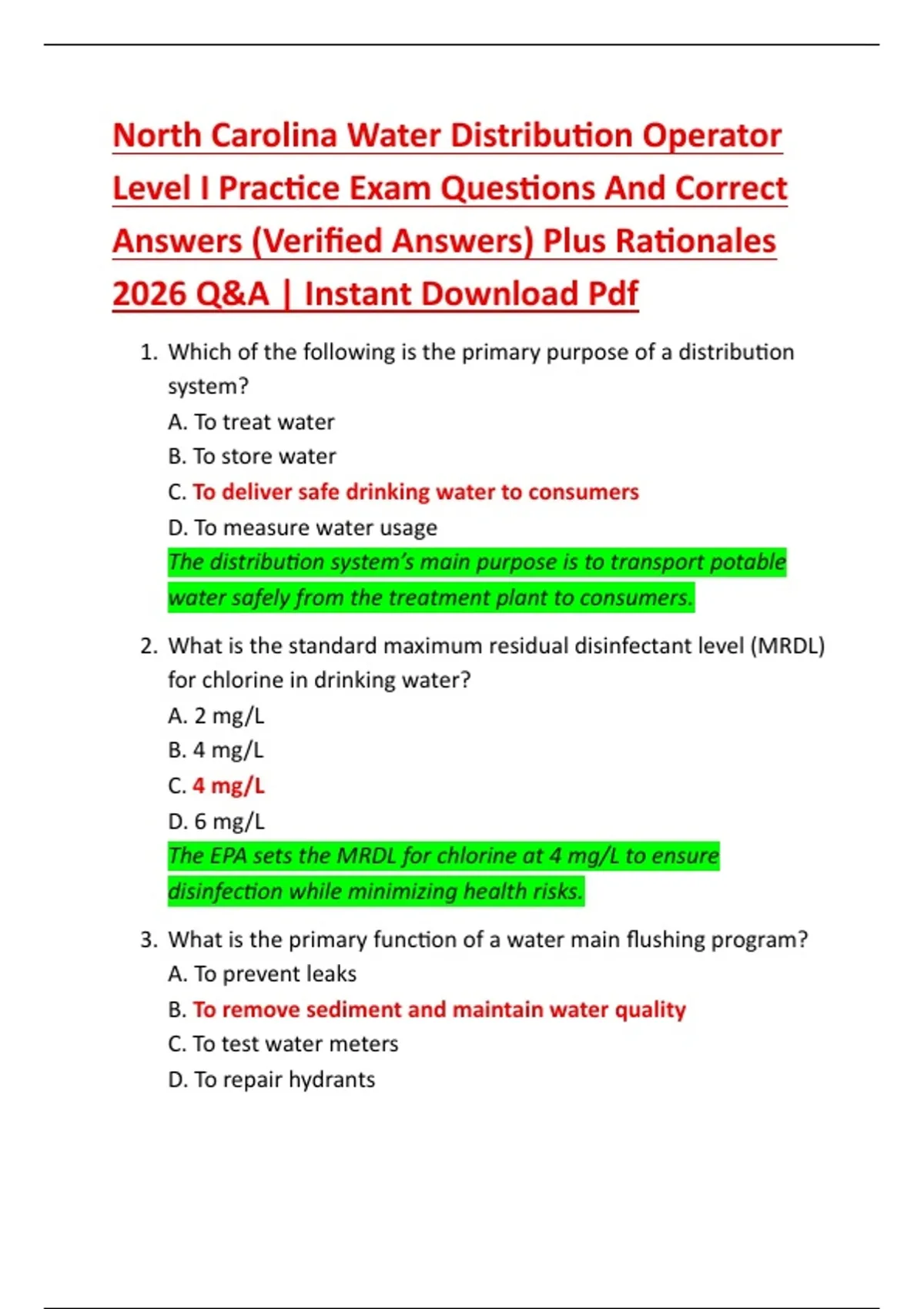 North Carolina Water Distribution Operator Level I Practice Exam ...