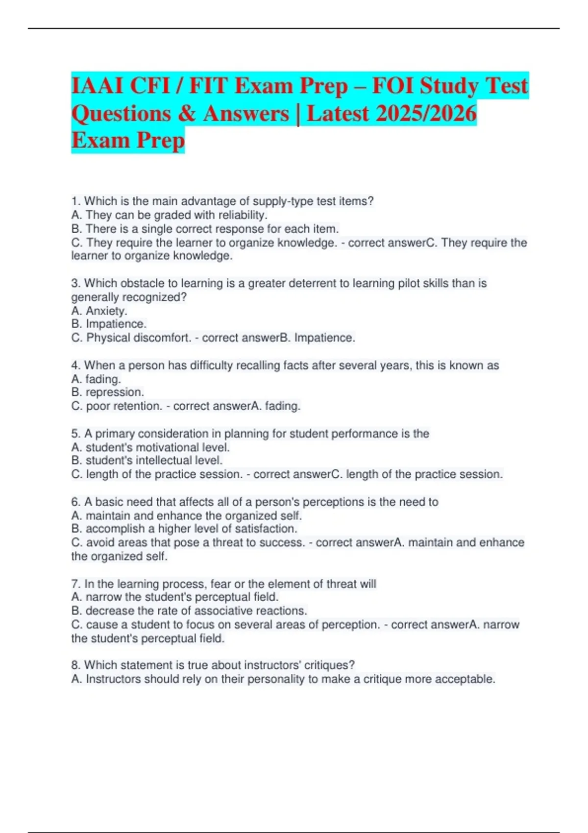 IAAI CFI / FIT Exam Prep – FOI Study Test Questions & Answers | Latest ...