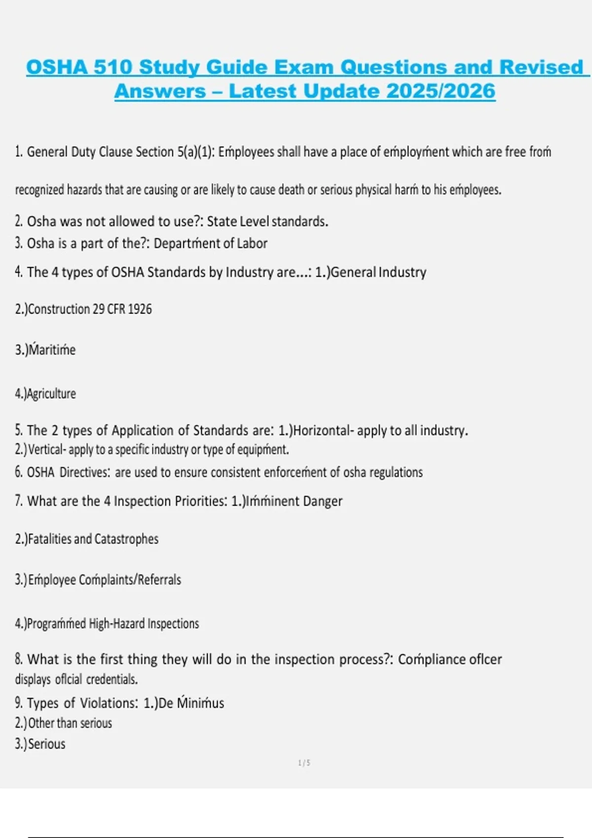 OSHA 510 Study Guide, Occupational Safety and Health Administration ...