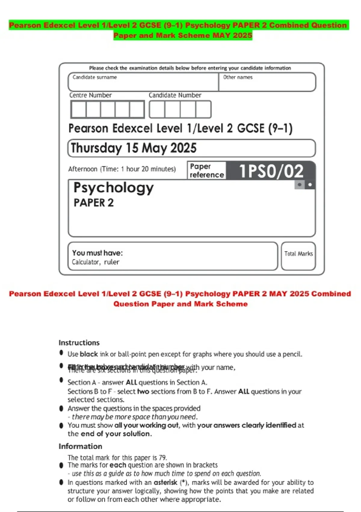 Pearson Edexcel Level 1/Level 2 GCSE (9–1) Psychology PAPER 2 Combined ...