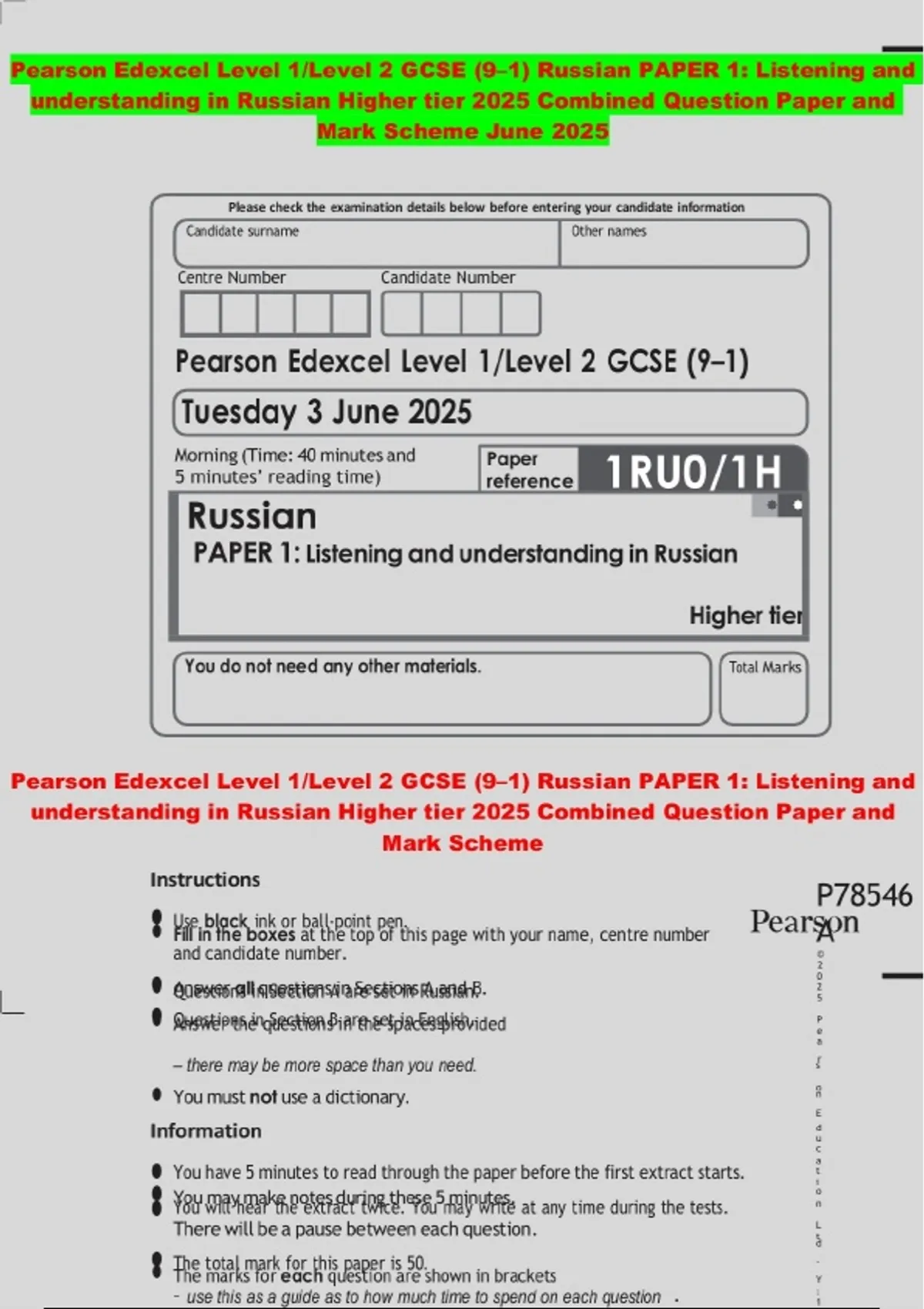 Pearson Edexcel Level 1/Level 2 GCSE (9–1) Russian PAPER 1: Listening ...