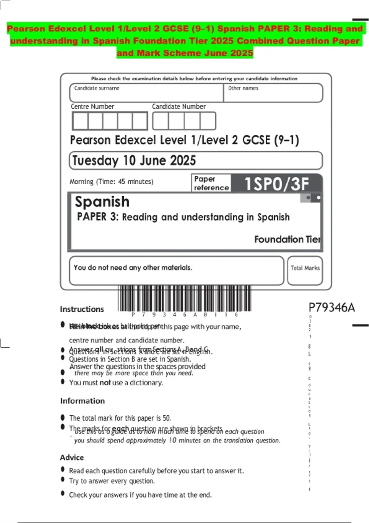 Pearson Edexcel Level 1/Level 2 GCSE (9–1) Spanish PAPER 3: Reading and ...