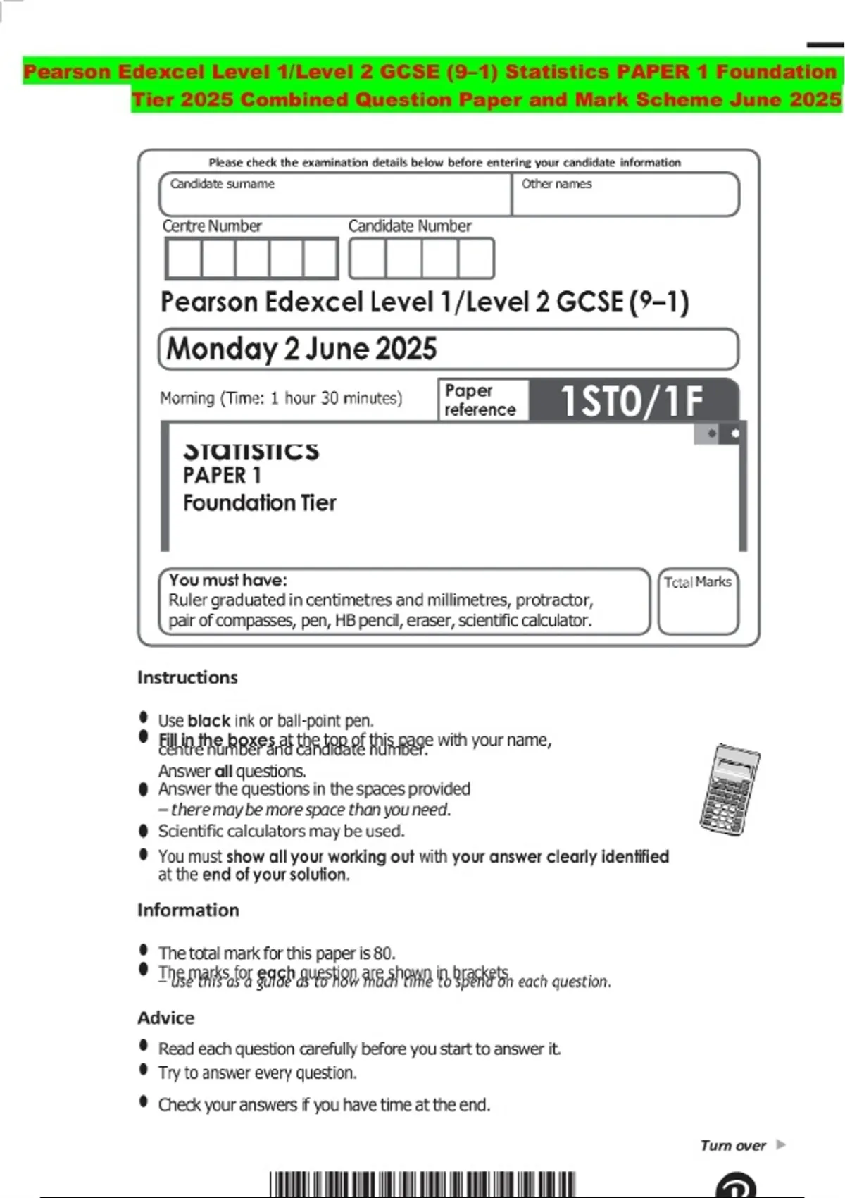Pearson Edexcel Level 1/Level 2 GCSE (9–1) Statistics PAPER 1 ...