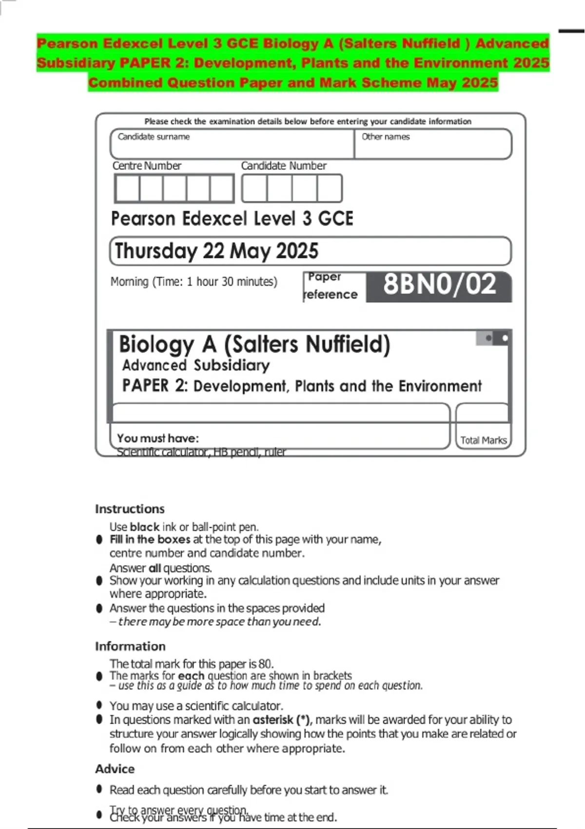 Pearson Edexcel Level 3 GCE Biology A (Salters Nuffield ) Advanced ...