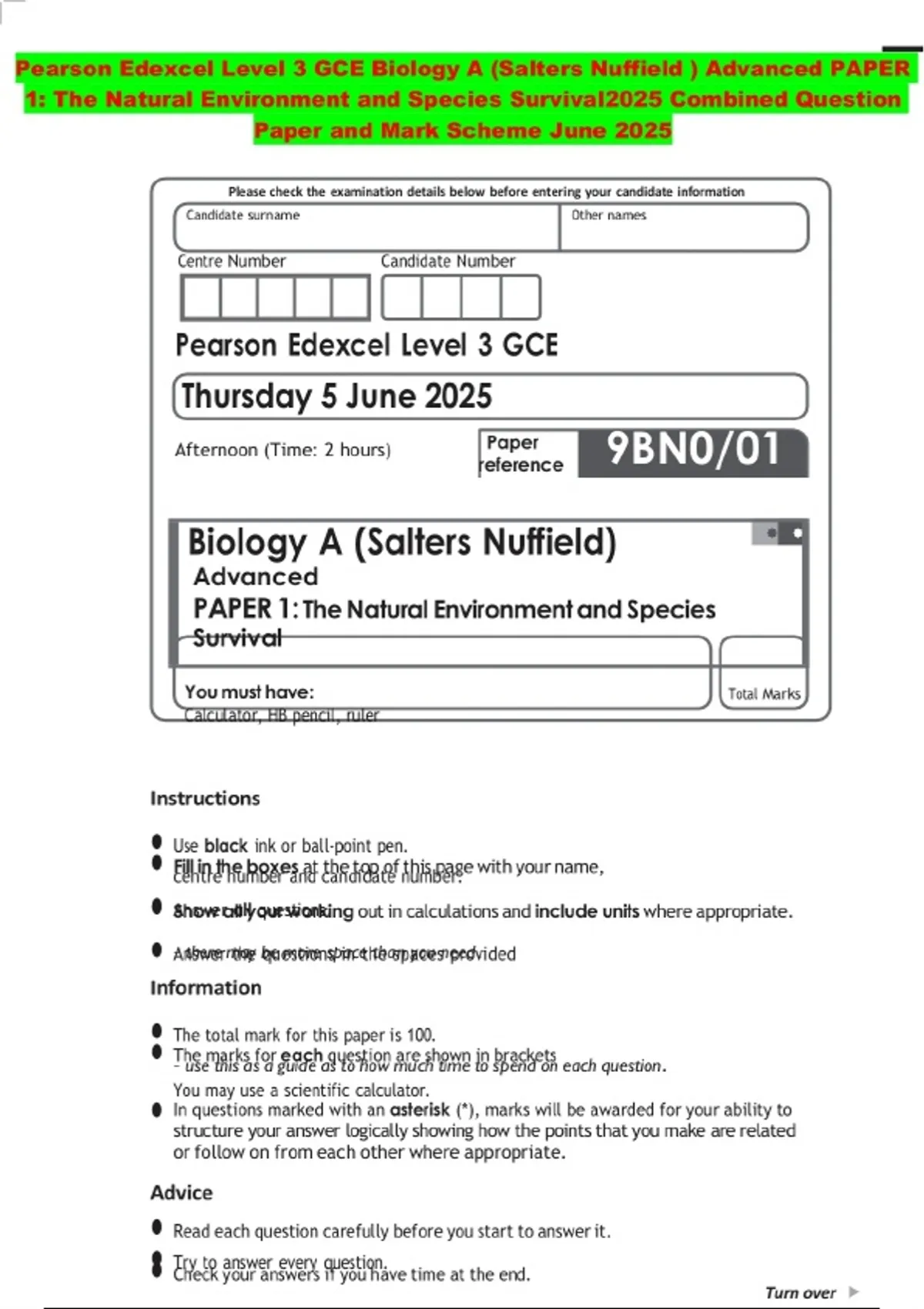 Pearson Edexcel Level 3 GCE Biology A (Salters Nuffield ) Advanced ...
