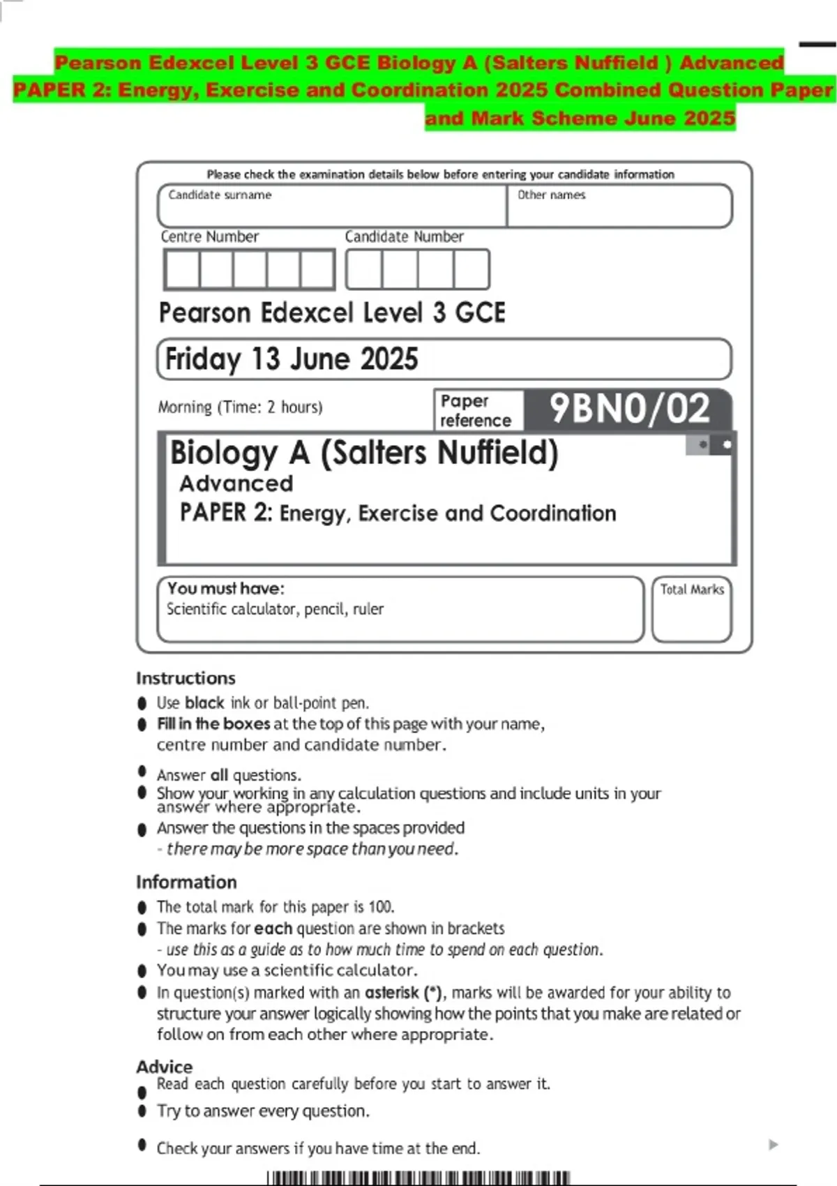 Pearson Edexcel Level 3 GCE Biology A (Salters Nuffield ) Advanced ...