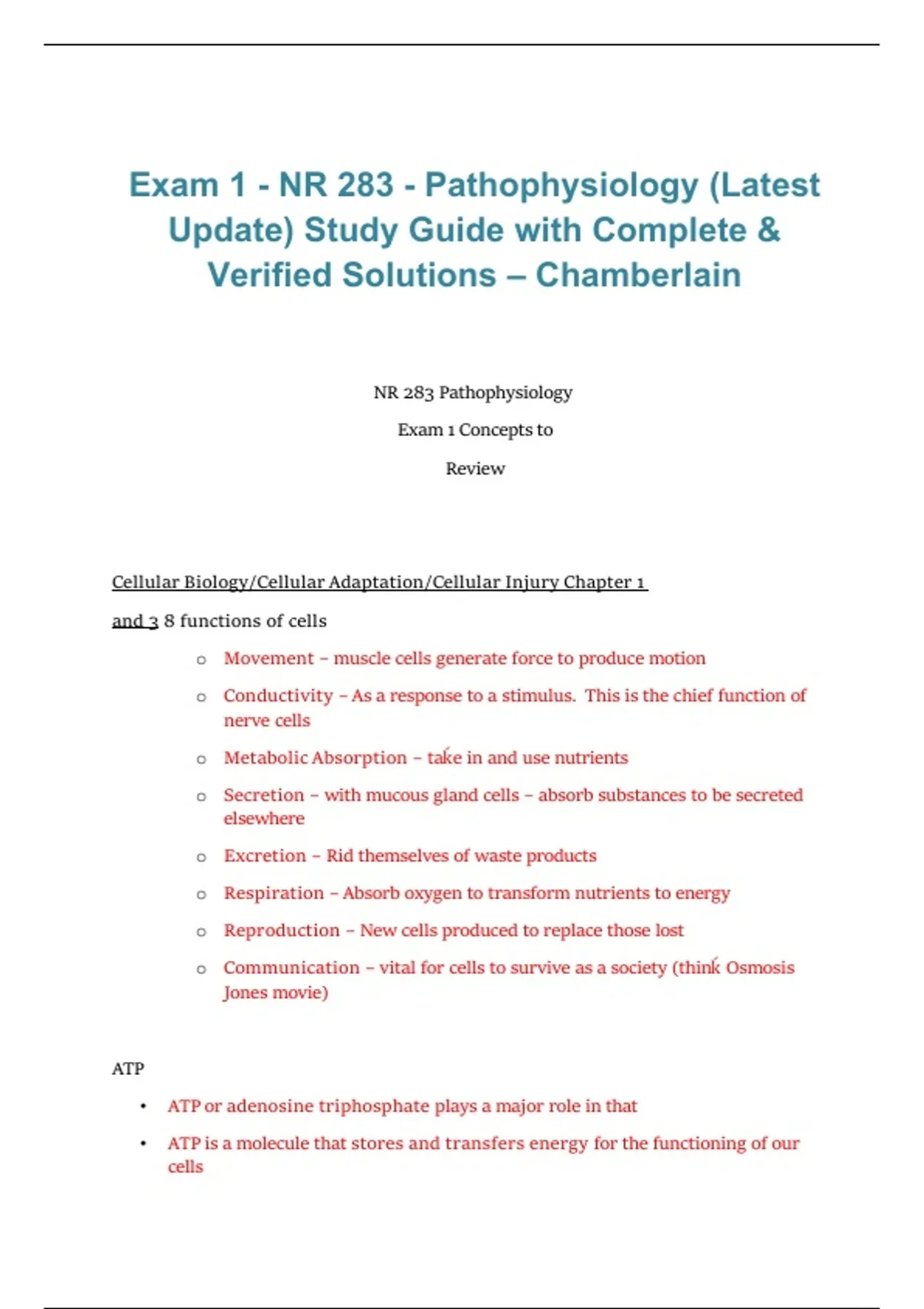 NR 283 – Pathophysiology – Exam 1 (Latest Update) Study Guide with ...