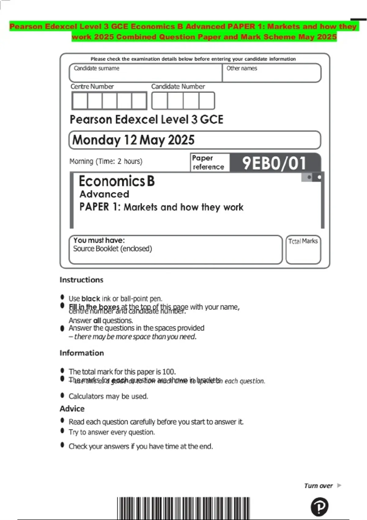 Pearson Edexcel Level 3 GCE Economics B Advanced PAPER 1: Markets and ...