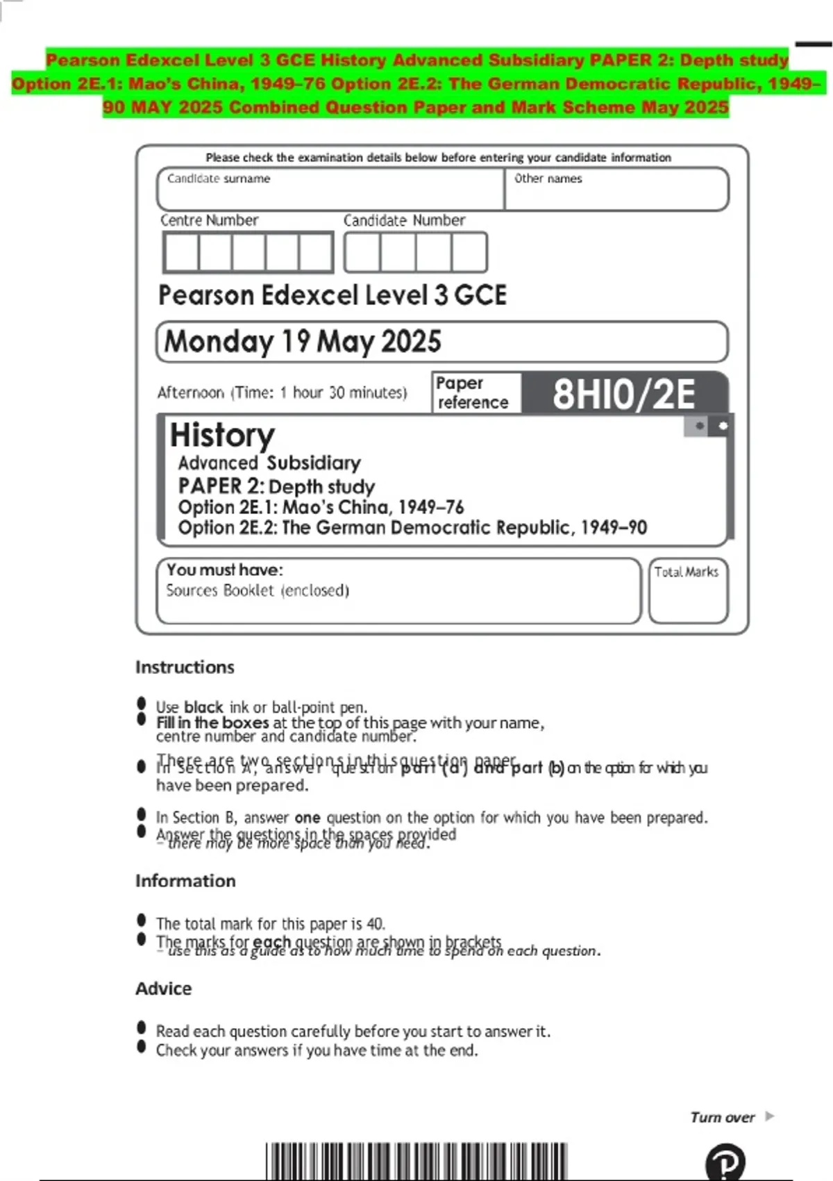 BUNDLE:::Pearson Edexcel Level 3 GCE History 2025 Combined Question ...