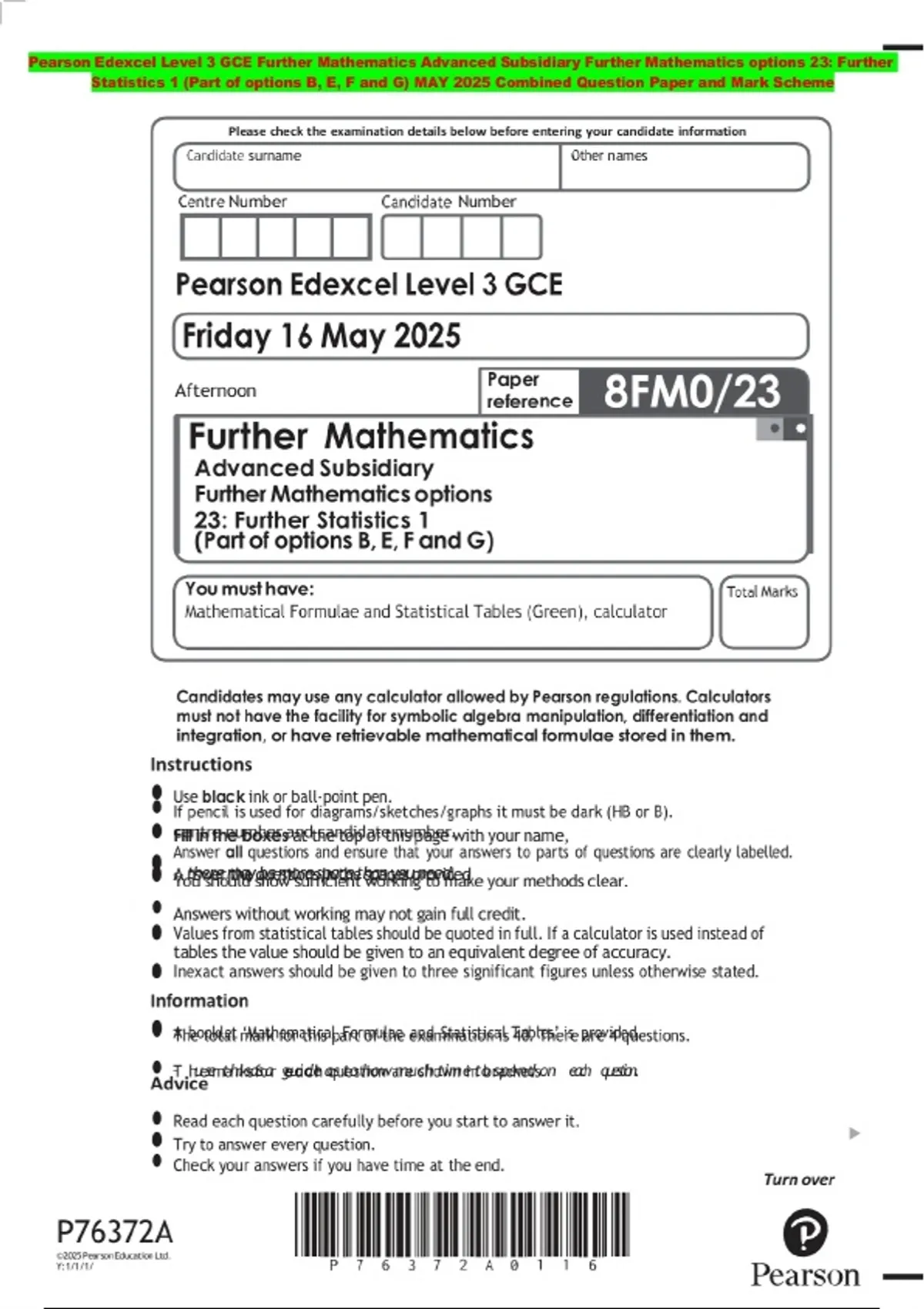 Pearson Edexcel Level 3 GCE Further Mathematics Advanced Subsidiary ...