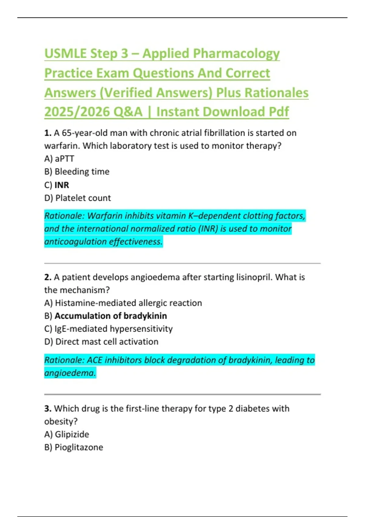 USMLE Step 3 – Applied Pharmacology Practice Exam Questions And Correct Answers (Verified ...