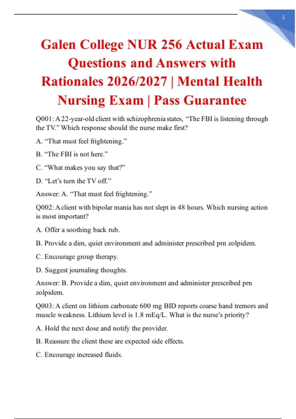 Galen College NUR 256 Actual Exam Questions and Answers with Rationales ...